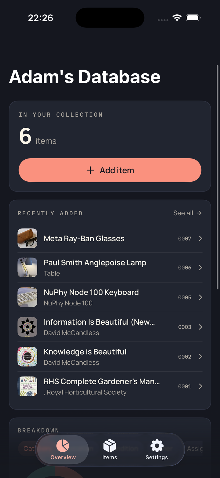 Stuffly dashboard showing recent items, stats, and a database overview.