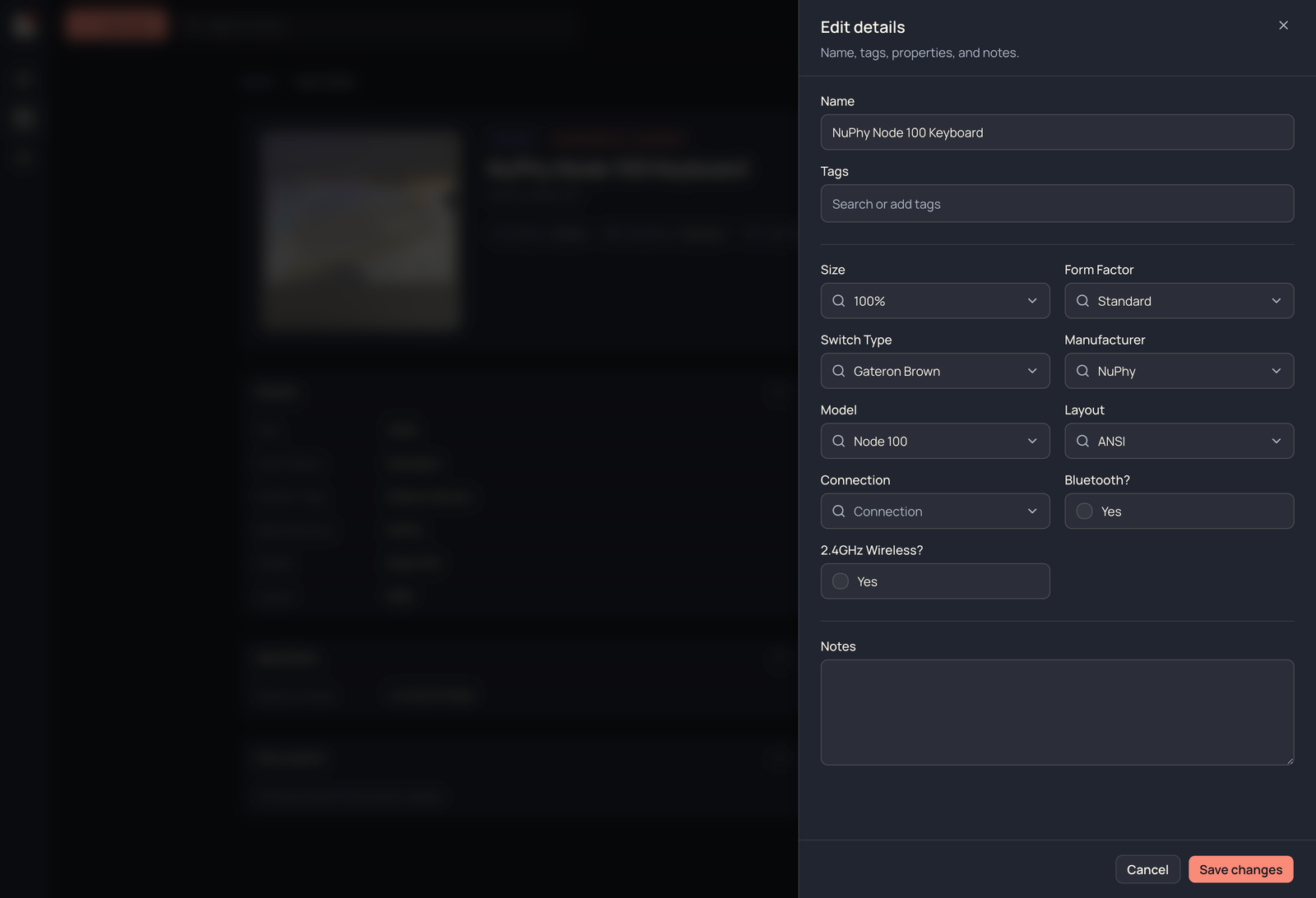 Stuffly edit panel showing typed fields like switch type, layout, and bluetooth.